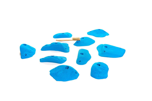 Ten medium sized climbing holds. Different shapes and styles.